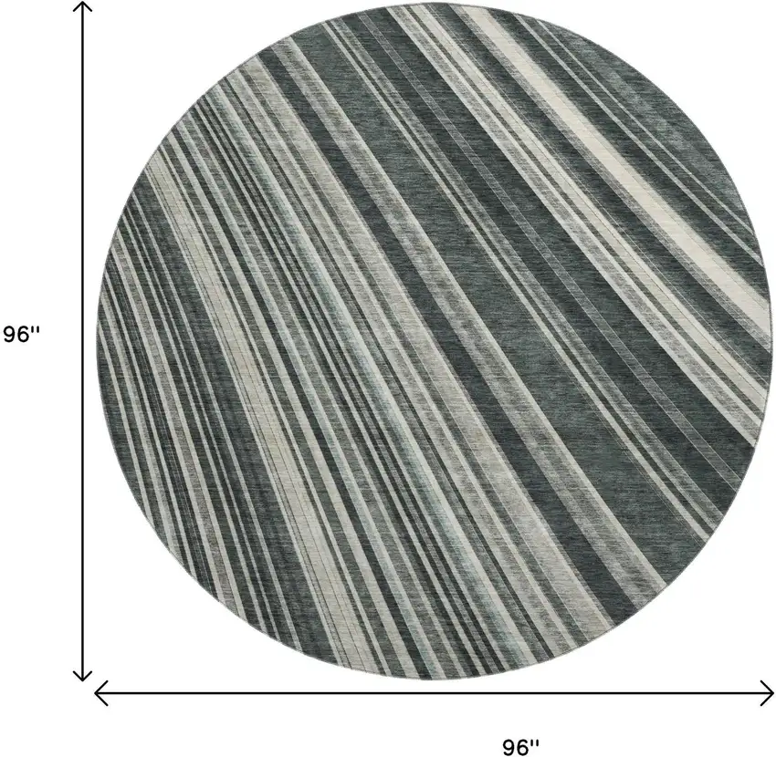 8' Black Gray And Ivory Striped Washable Round Rug With UV Protection Photo 8