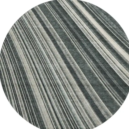 8' Black Gray And Ivory Striped Washable Round Rug With UV Protection Photo 2