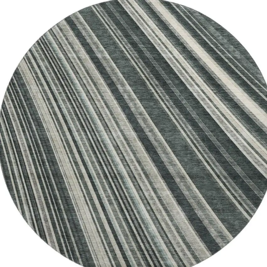 8' Black Gray And Ivory Striped Washable Round Rug With UV Protection Photo 2