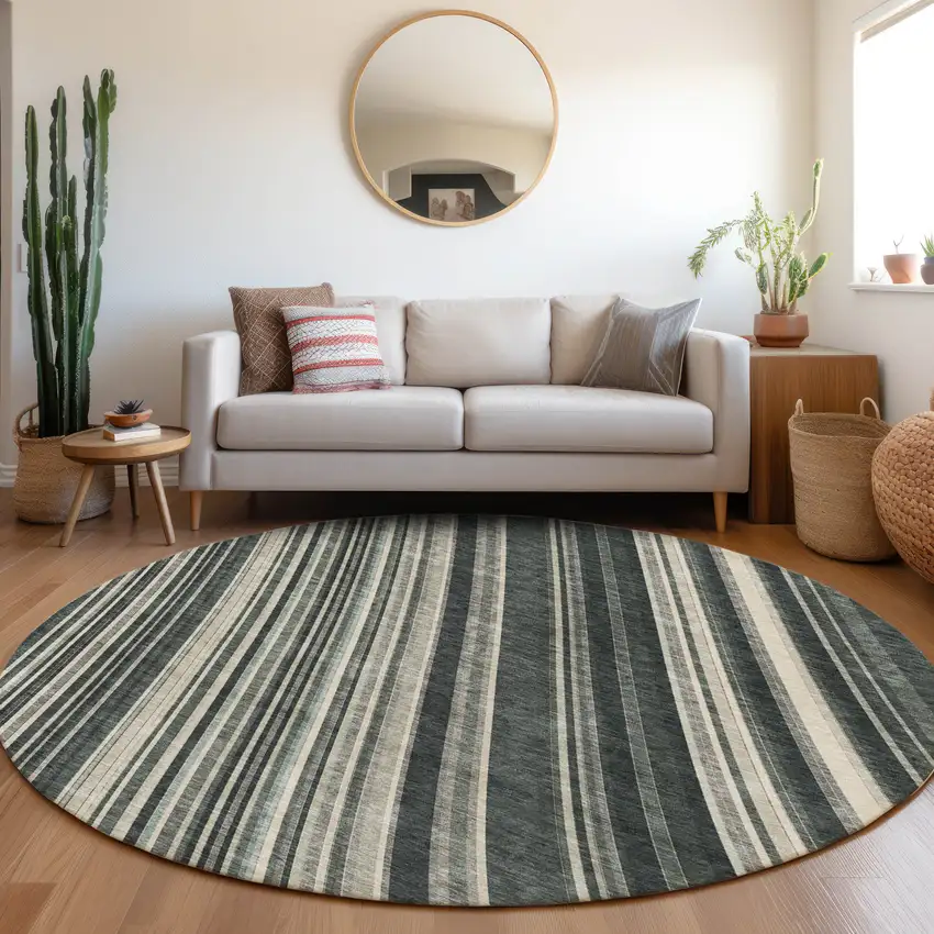 8' Black Gray And Ivory Striped Washable Round Rug With UV Protection Photo 3