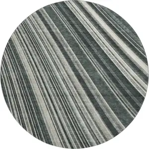 Photo of 8' Black Gray And Ivory Striped Washable Round Rug With UV Protection