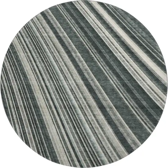 8' Black Gray And Ivory Striped Washable Round Rug With UV Protection Photo 1