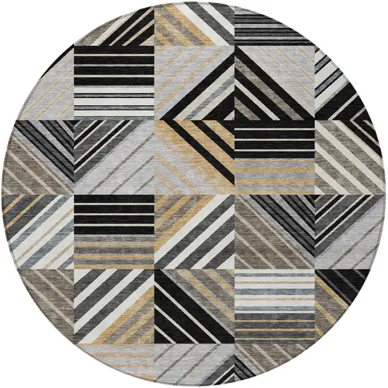 8' Black Gray And Khaki Round Patchwork Washable Indoor Outdoor Area Rug Photo 2