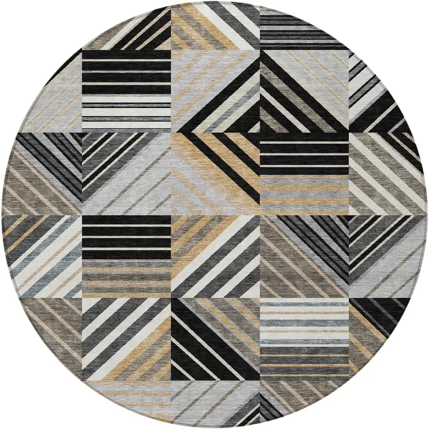 8' Black Gray And Khaki Round Patchwork Washable Indoor Outdoor Area Rug Photo 2
