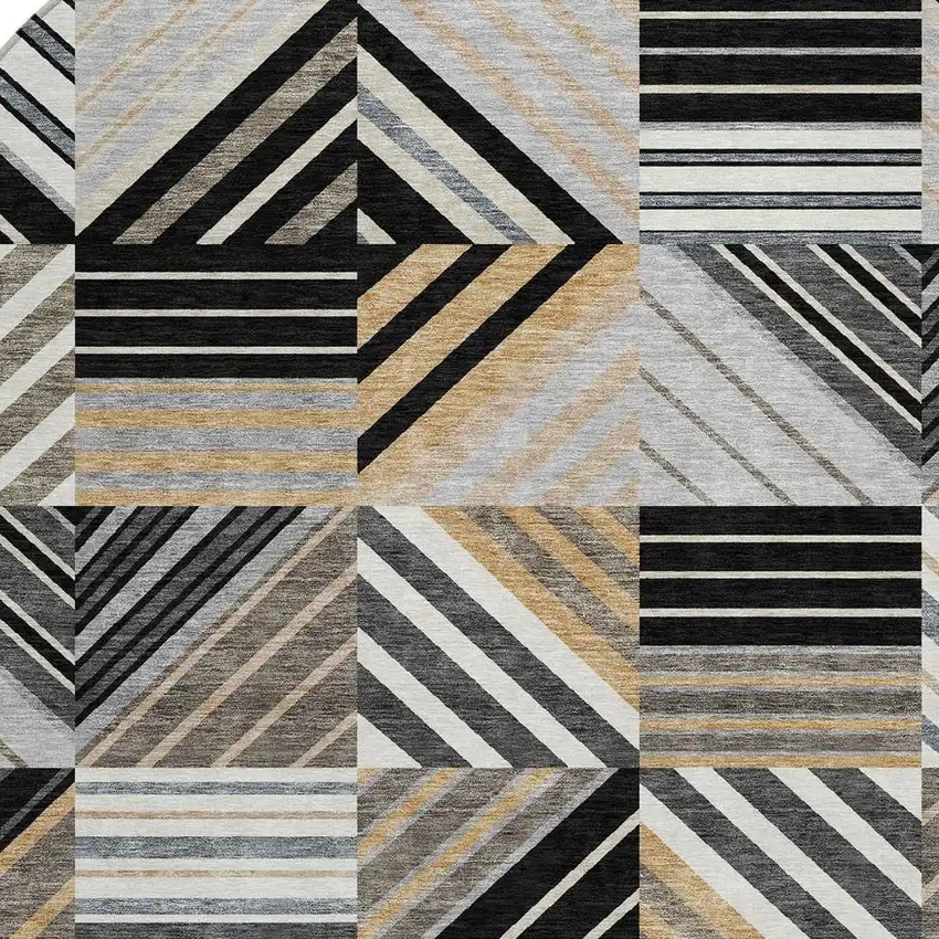 8' Black Gray And Khaki Round Patchwork Washable Indoor Outdoor Area Rug Photo 3