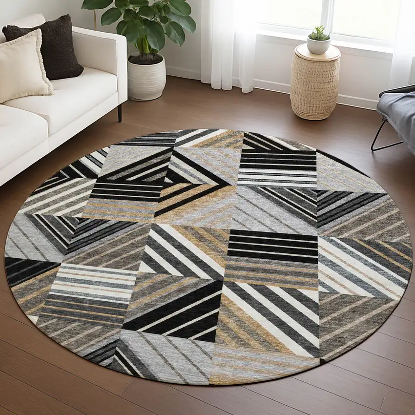 8' Black Gray And Khaki Round Patchwork Washable Indoor Outdoor Area Rug Photo 5