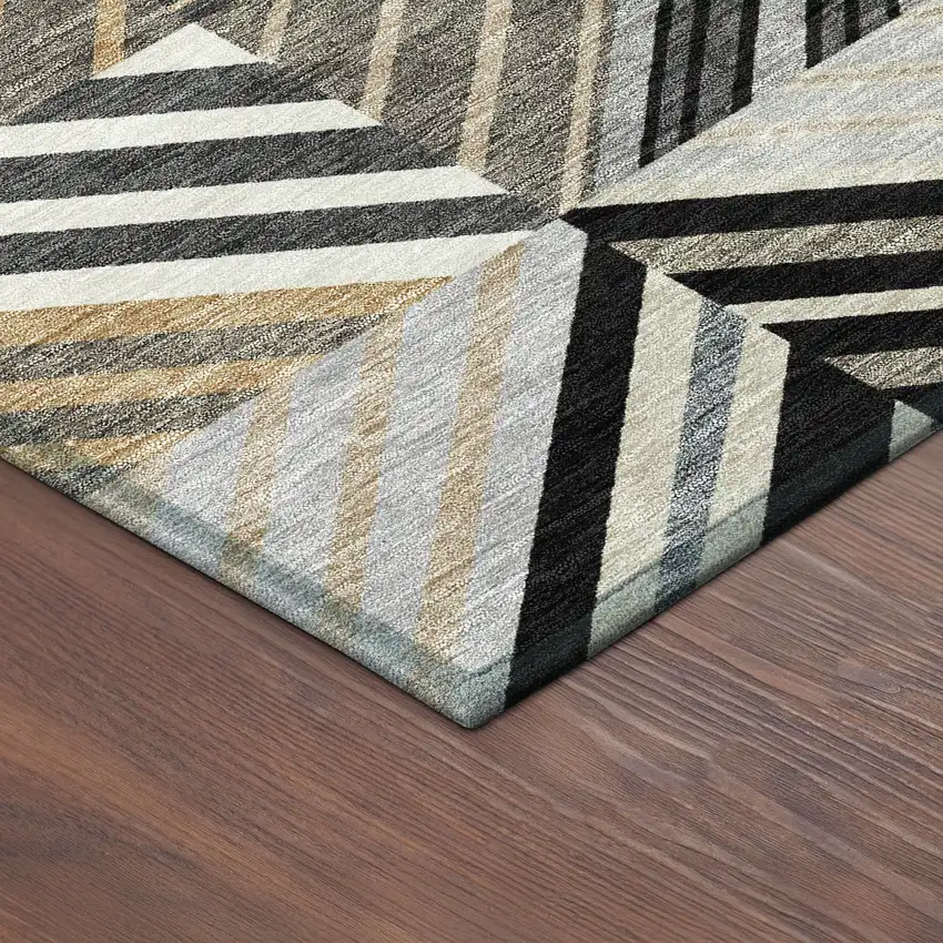 8' Black Gray And Khaki Round Patchwork Washable Indoor Outdoor Area Rug Photo 8