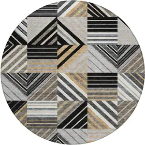 Photo of 8' Black Gray And Khaki Round Patchwork Washable Indoor Outdoor Area Rug