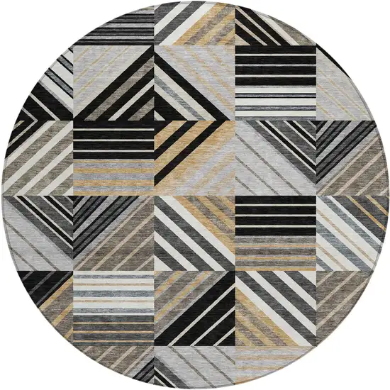 8' Black Gray And Khaki Round Patchwork Washable Indoor Outdoor Area Rug Photo 1