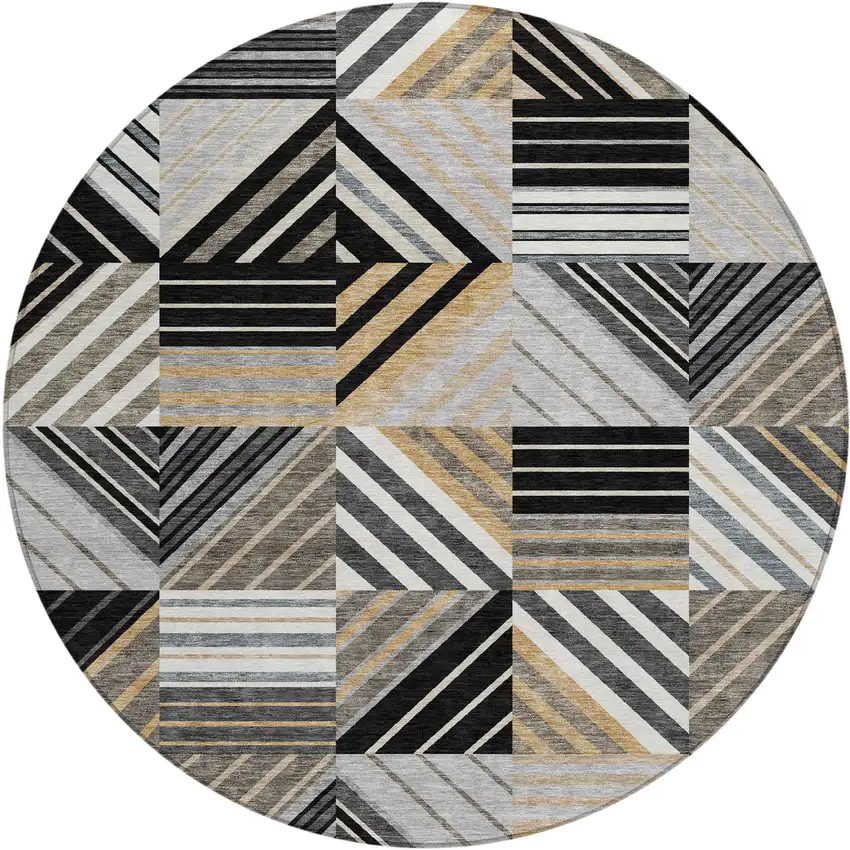 8' Black Gray And Khaki Round Patchwork Washable Indoor Outdoor Area Rug Photo 1