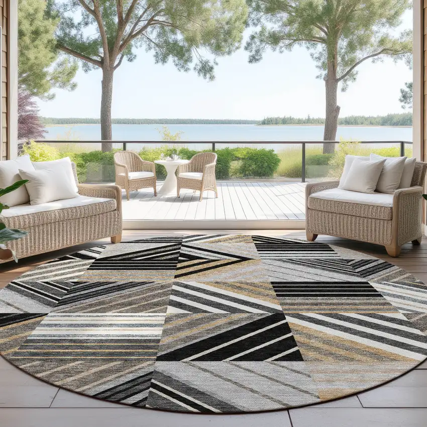 8' Black Gray And Khaki Round Patchwork Washable Indoor Outdoor Area Rug Photo 4