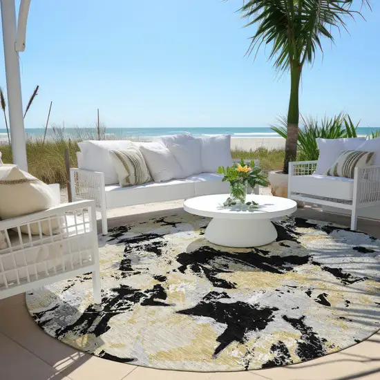 8' Black Gray And Light Brown Round Floral Washable Indoor Outdoor Area Rug Photo 8