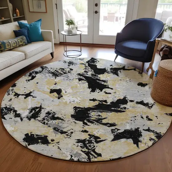 8' Black Gray And Light Brown Round Floral Washable Indoor Outdoor Area Rug Photo 9
