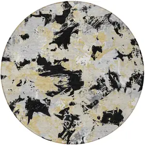 Photo of 8' Black Gray And Light Brown Round Floral Washable Indoor Outdoor Area Rug