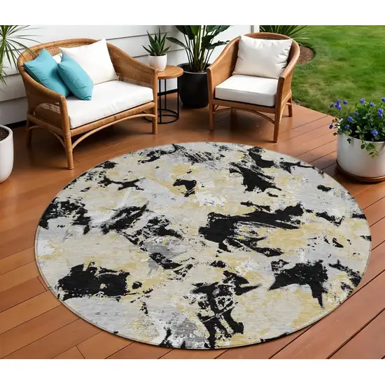 8' Black Gray And Light Brown Round Floral Washable Indoor Outdoor Area Rug Photo 1