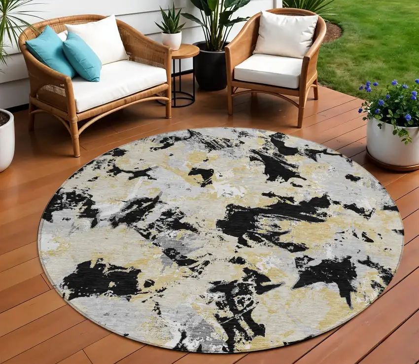 8' Black Gray And Light Brown Round Floral Washable Indoor Outdoor Area Rug Photo 1