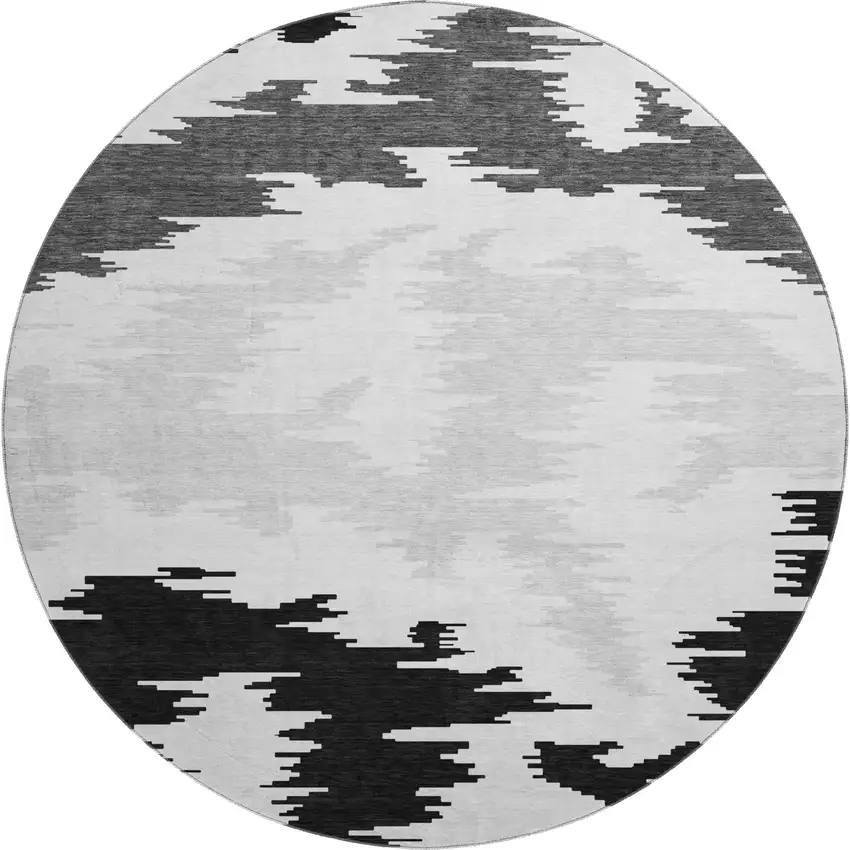 8' Black Gray And Silver Abstract Washable Round Rug With UV Protection Photo 1