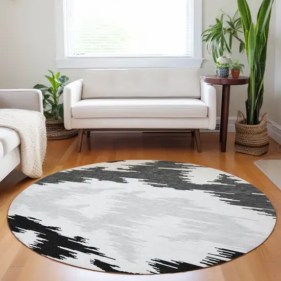 8' Black Gray And Silver Abstract Washable Round Rug With UV Protection Photo 5