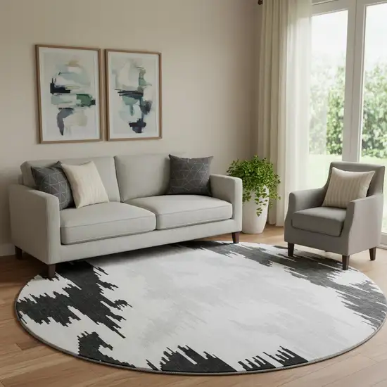 8' Black Gray And Silver Abstract Washable Round Rug With UV Protection Photo 1