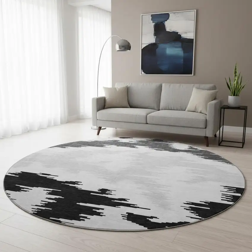 8' Black Gray And Silver Abstract Washable Round Rug With UV Protection Photo 2