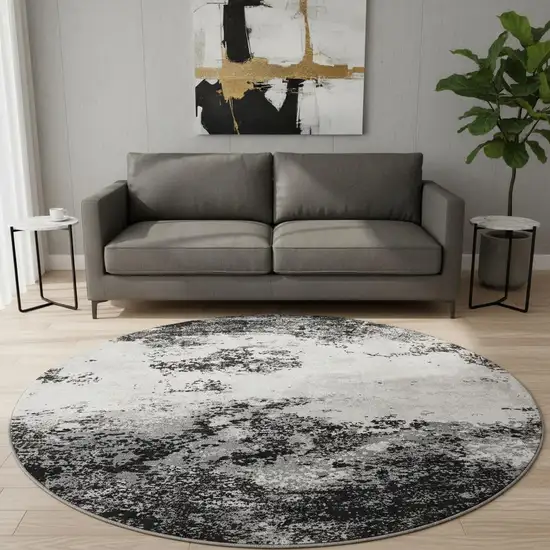 8' Black Gray And Silver Abstract Washable Round Rug With UV Protection Photo 2
