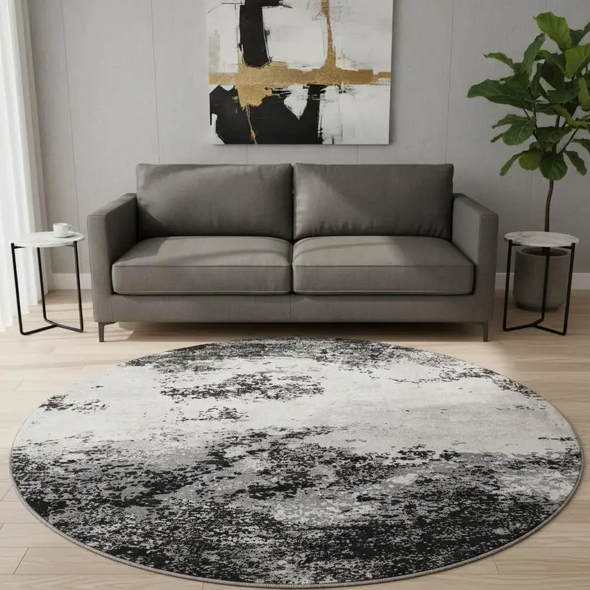 8' Black Gray And Silver Abstract Washable Round Rug With UV Protection Photo 2