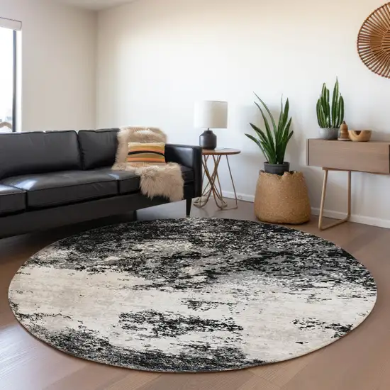 8' Black Gray And Silver Abstract Washable Round Rug With UV Protection Photo 4