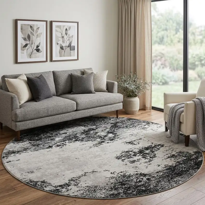 8' Black Gray And Silver Abstract Washable Round Rug With UV Protection Photo 1
