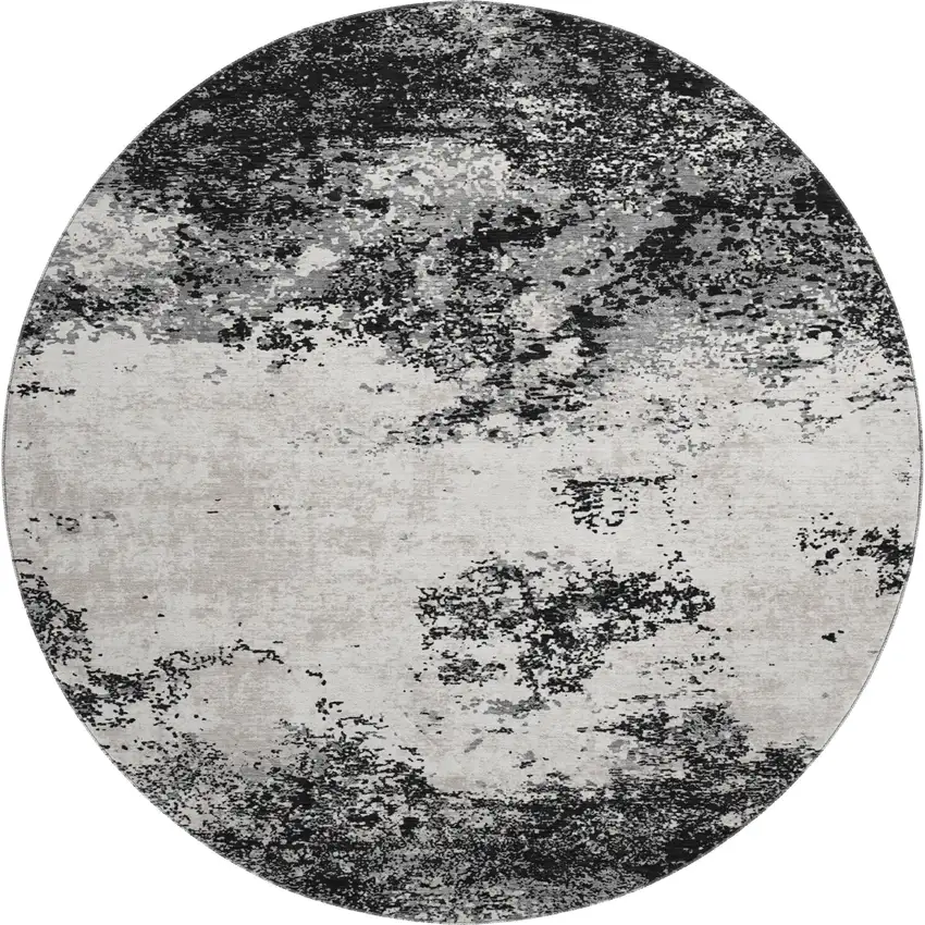 8' Black Gray And Silver Abstract Washable Round Rug With UV Protection Photo 1