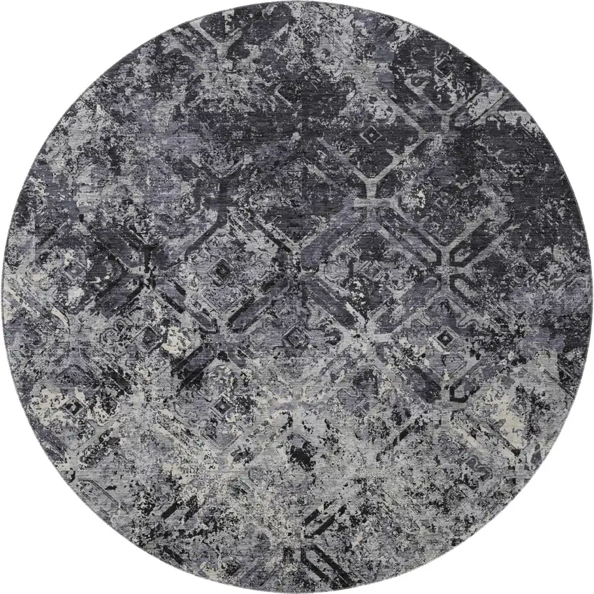 8' Black Gray And Silver Diamond Washable Round Rug With UV Protection Photo 4