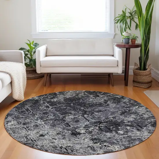 8' Black Gray And Silver Diamond Washable Round Rug With UV Protection Photo 5