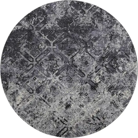 8' Black Gray And Silver Diamond Washable Round Rug With UV Protection Photo 1