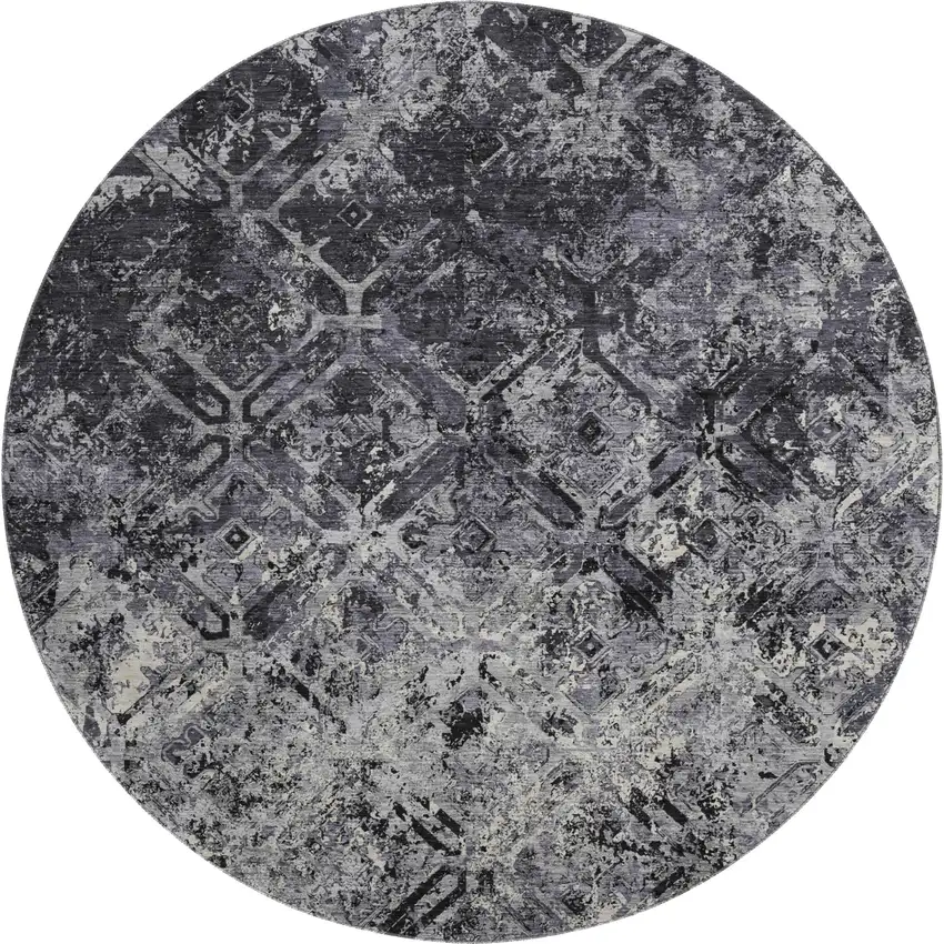 8' Black Gray And Silver Diamond Washable Round Rug With UV Protection Photo 1