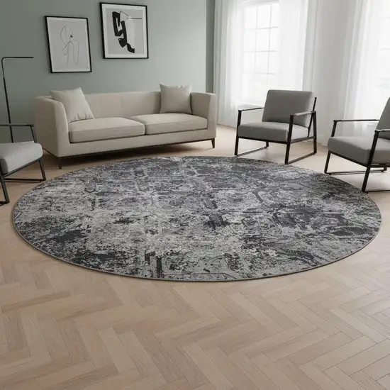 8' Black Gray And Silver Diamond Washable Round Rug With UV Protection Photo 2