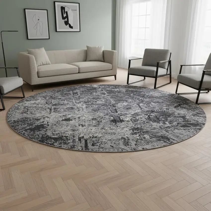 8' Black Gray And Silver Diamond Washable Round Rug With UV Protection Photo 2