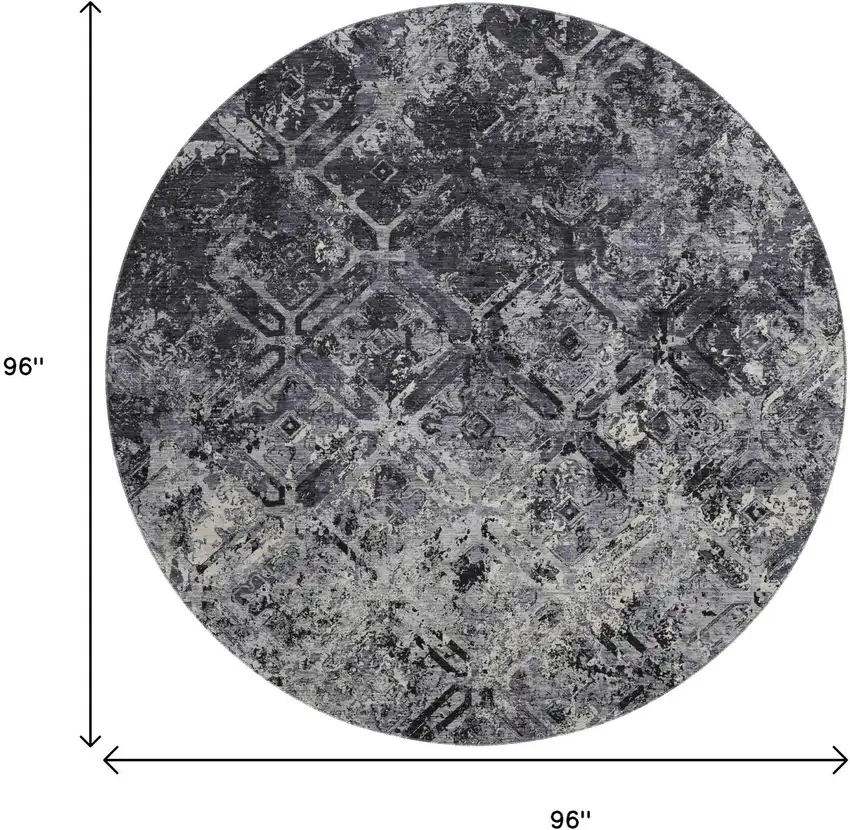 8' Black Gray And Silver Diamond Washable Round Rug With UV Protection Photo 3