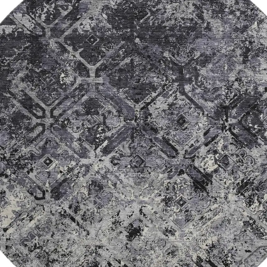 8' Black Gray And Silver Diamond Washable Round Rug With UV Protection Photo 3