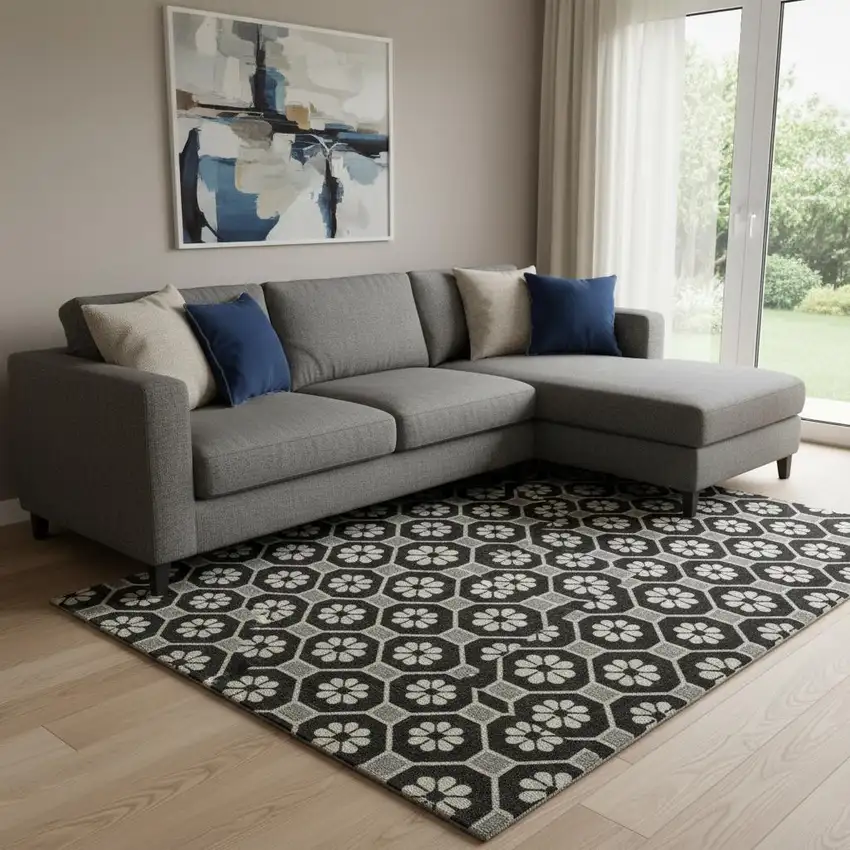 8' Black Gray And Silver Geometric Washable Area Rug With UV Protection Photo 2