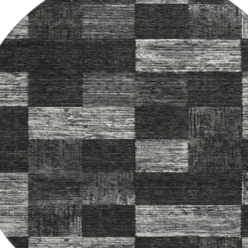 8' Black Gray And Silver Geometric Washable Round Rug With UV Protection Photo 2