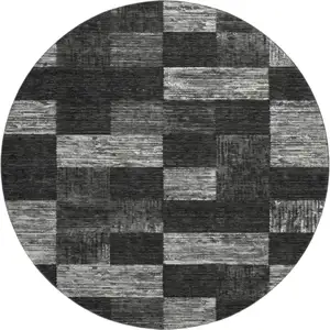 Photo of 8' Black Gray And Silver Geometric Washable Round Rug With UV Protection