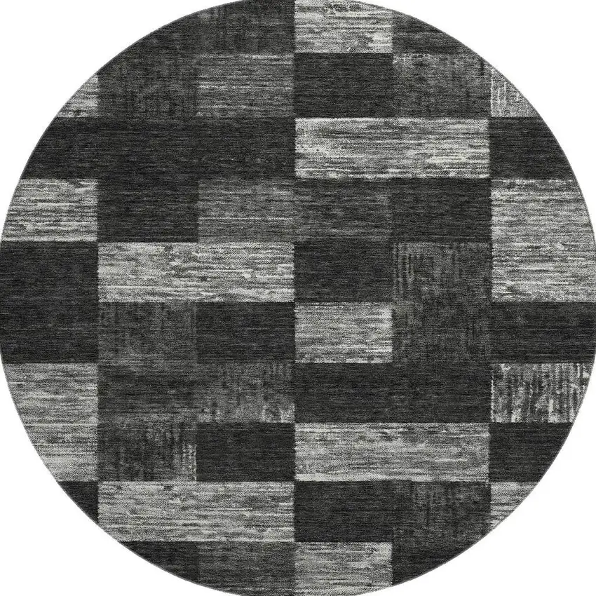 8' Black Gray And Silver Geometric Washable Round Rug With UV Protection Photo 3