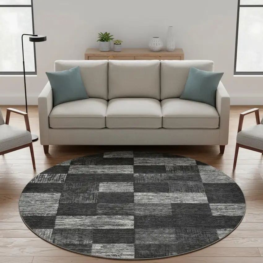 8' Black Gray And Silver Geometric Washable Round Rug With UV Protection Photo 2