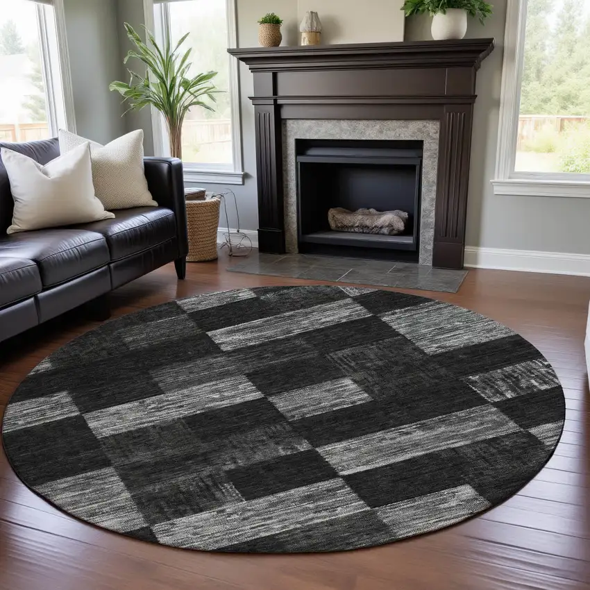 8' Black Gray And Silver Geometric Washable Round Rug With UV Protection Photo 4