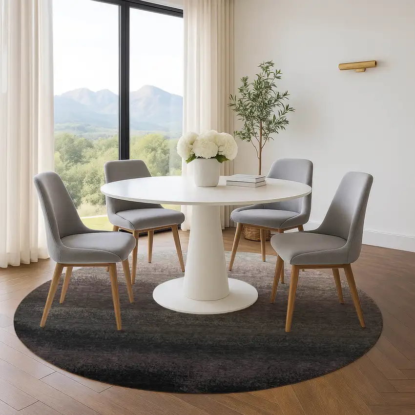 8' Black Gray And Silver Ombre Washable Round Rug With UV Protection Photo 5