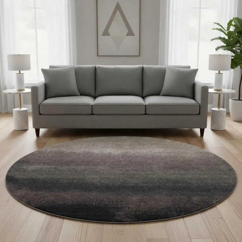 8' Black Gray And Silver Ombre Washable Round Rug With UV Protection Photo 2