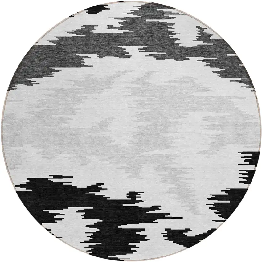 8' Black Gray And Silver Round Abstract Washable Indoor Outdoor Area Rug Photo 1