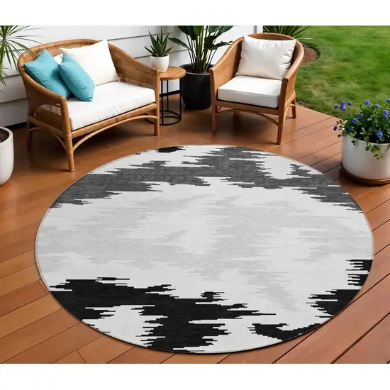 8' Black Gray And Silver Round Abstract Washable Indoor Outdoor Area Rug Photo 1