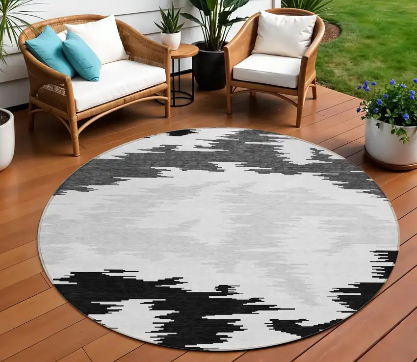 8' Black Gray And Silver Round Abstract Washable Indoor Outdoor Area Rug Photo 1