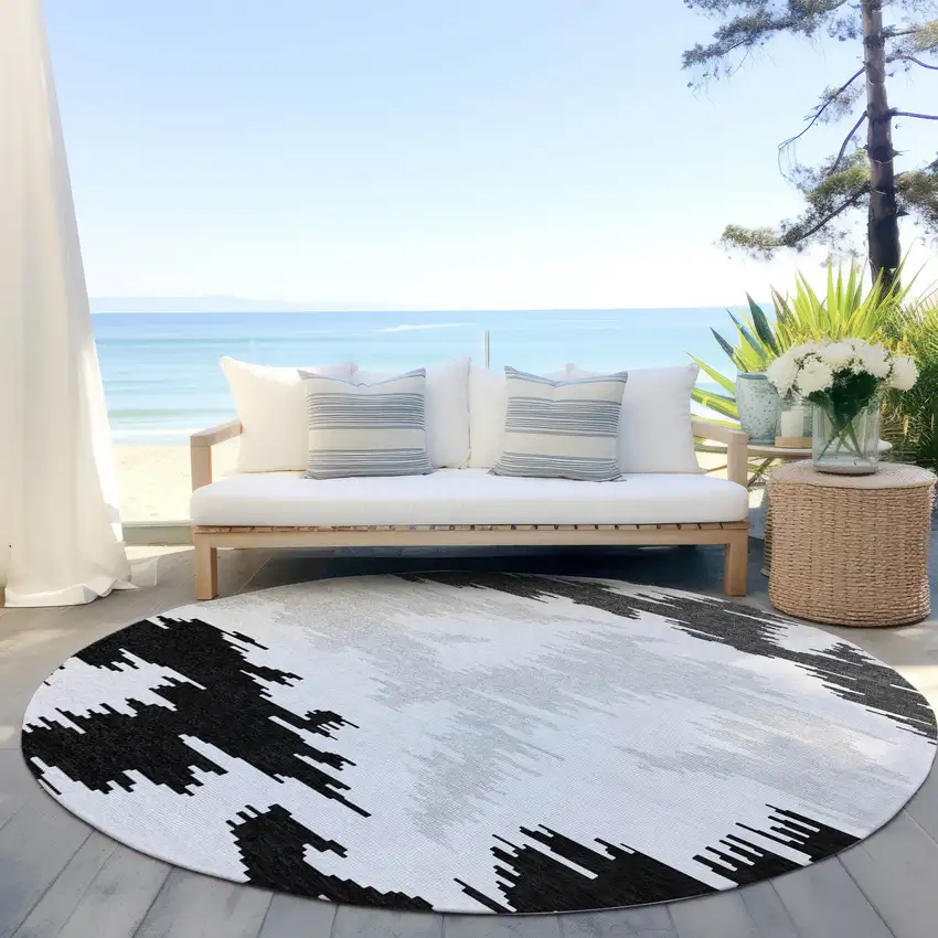 8' Black Gray And Silver Round Abstract Washable Indoor Outdoor Area Rug Photo 6