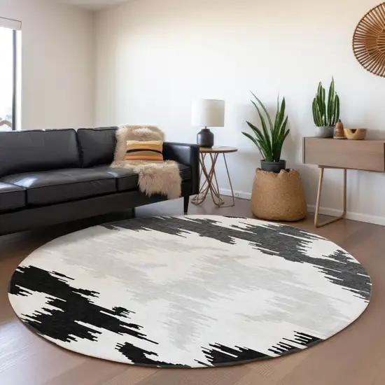 8' Black Gray And Silver Round Abstract Washable Indoor Outdoor Area Rug Photo 7